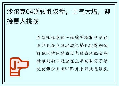 沙尔克04逆转胜汉堡，士气大增，迎接更大挑战