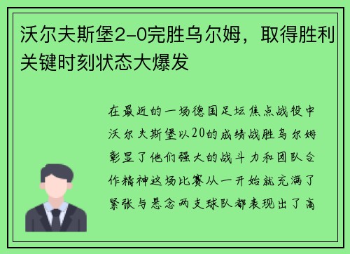 沃尔夫斯堡2-0完胜乌尔姆，取得胜利关键时刻状态大爆发